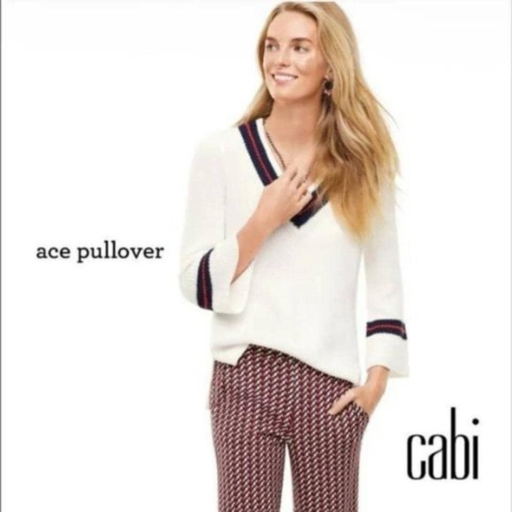 CABI 5639 Ace Pullover White Vneck‎ Nautical